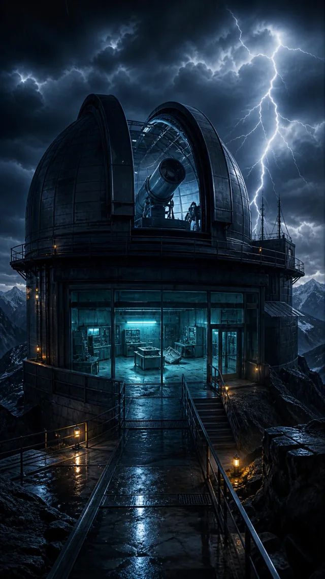 Observatorio iluminado bajo un cielo de tormenta