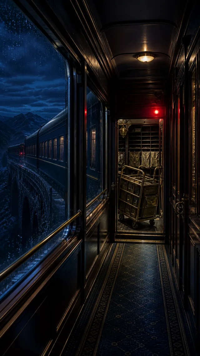 Interior de un tren nocturno bañado por luz azul