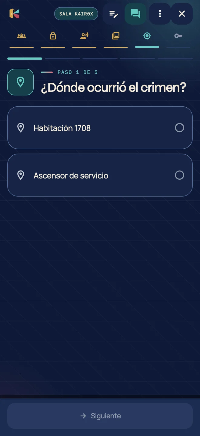 Pantalla de Kairo para construir una acusación con culpable, lugar, método y motivo